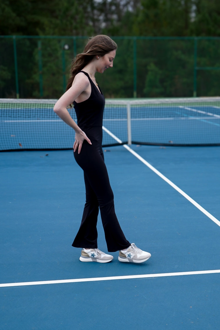 Black Cross Knot Back Active Jumpsuit