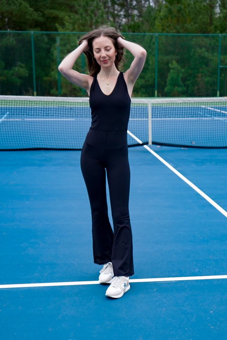 Black Cross Knot Back Active Jumpsuit