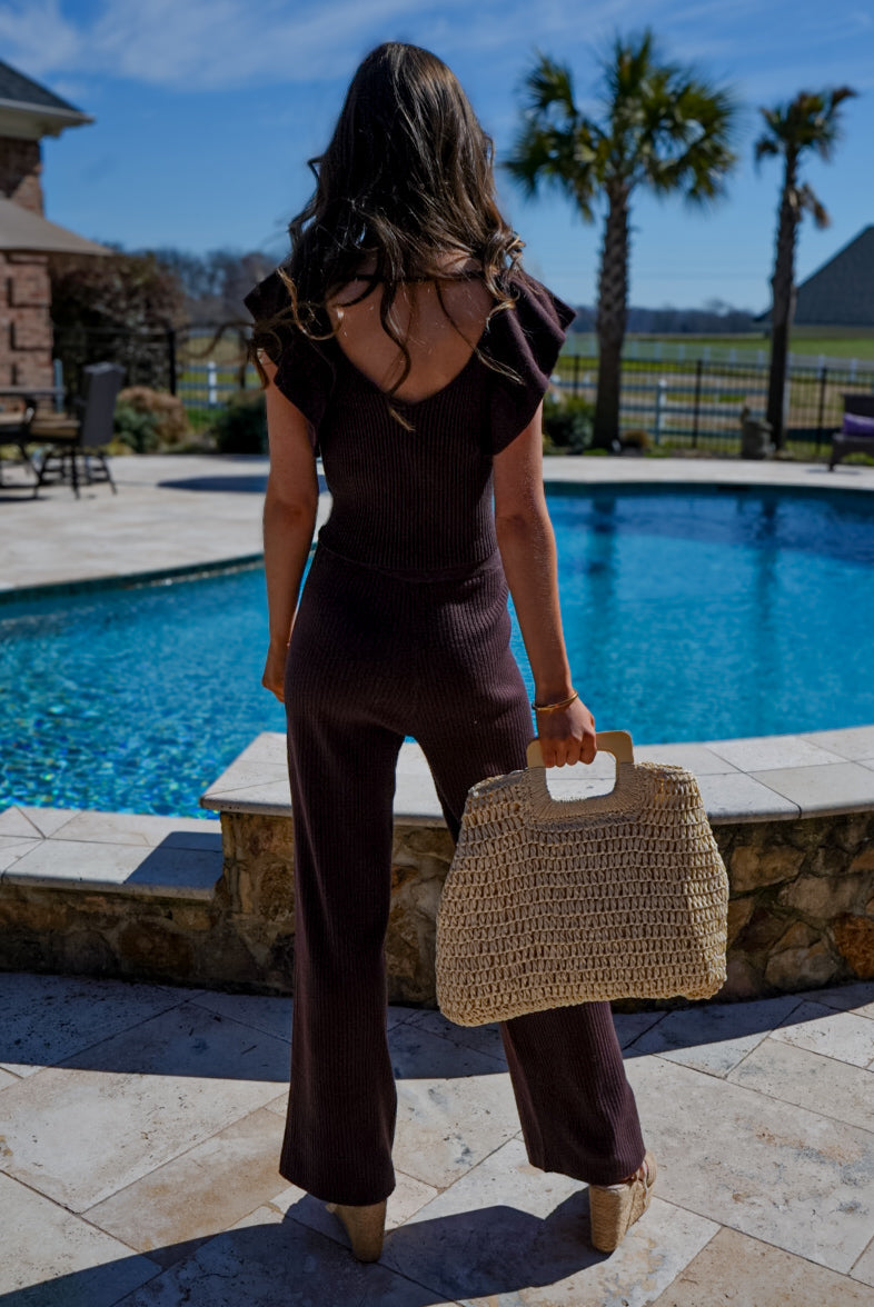 Chloe Ruffled Shoulder Sleeveless Sweater Top Set - Brown