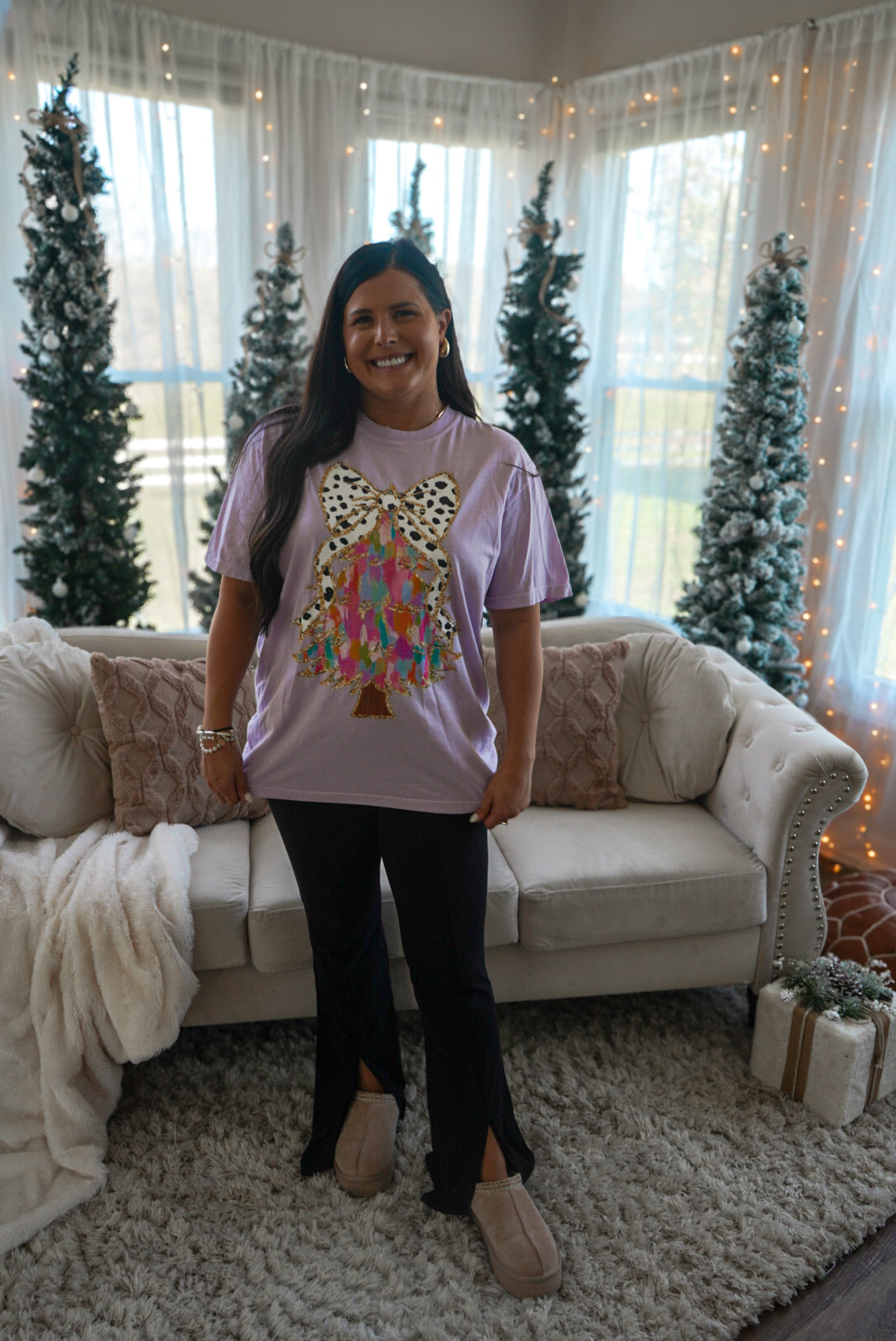 Colorful Coquette Bow Christmas Tree Tee - Orchid