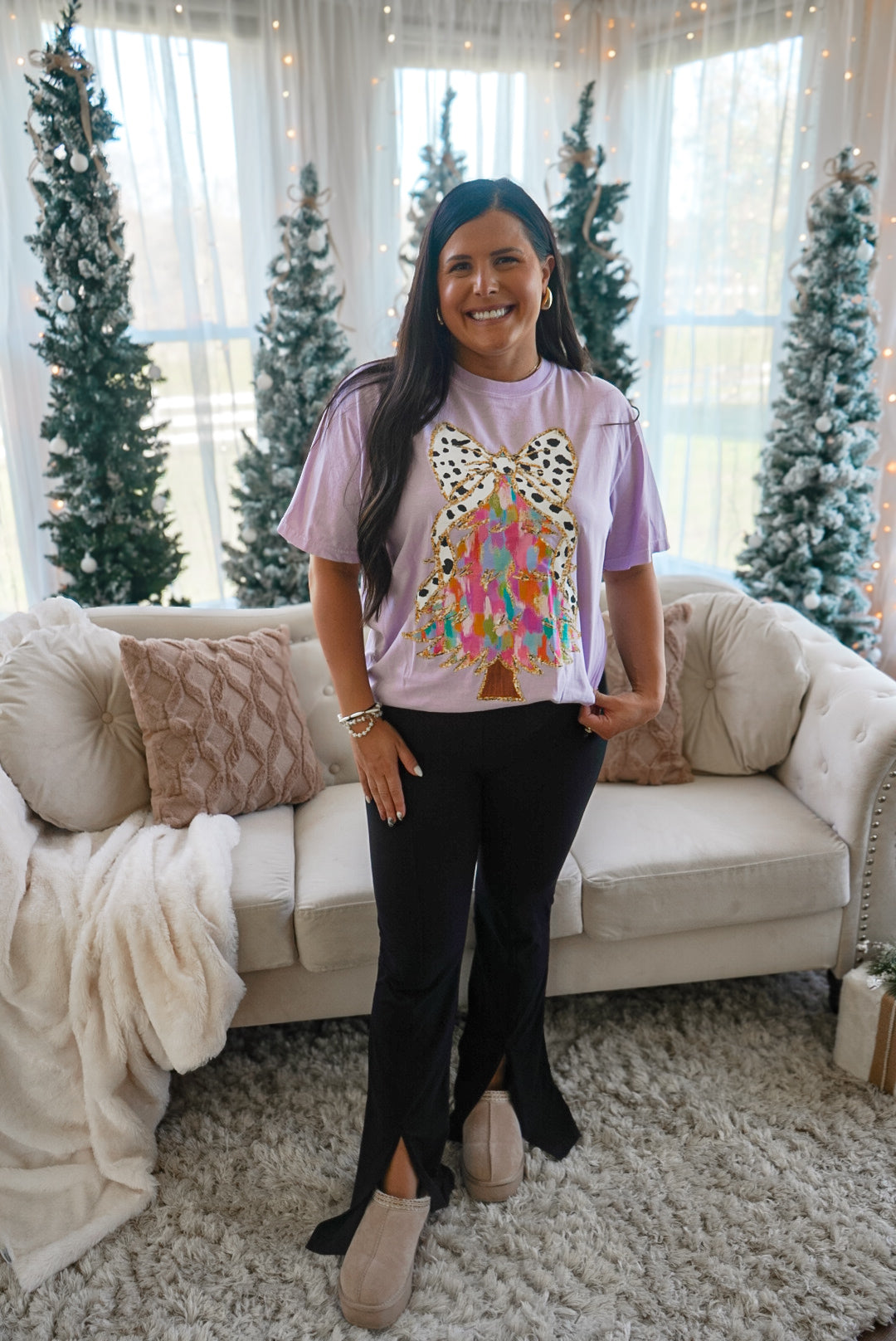 Colorful Coquette Bow Christmas Tree Tee - Orchid