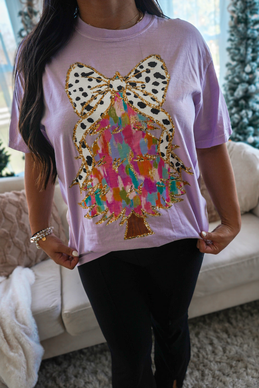 Colorful Coquette Bow Christmas Tree Tee - Orchid