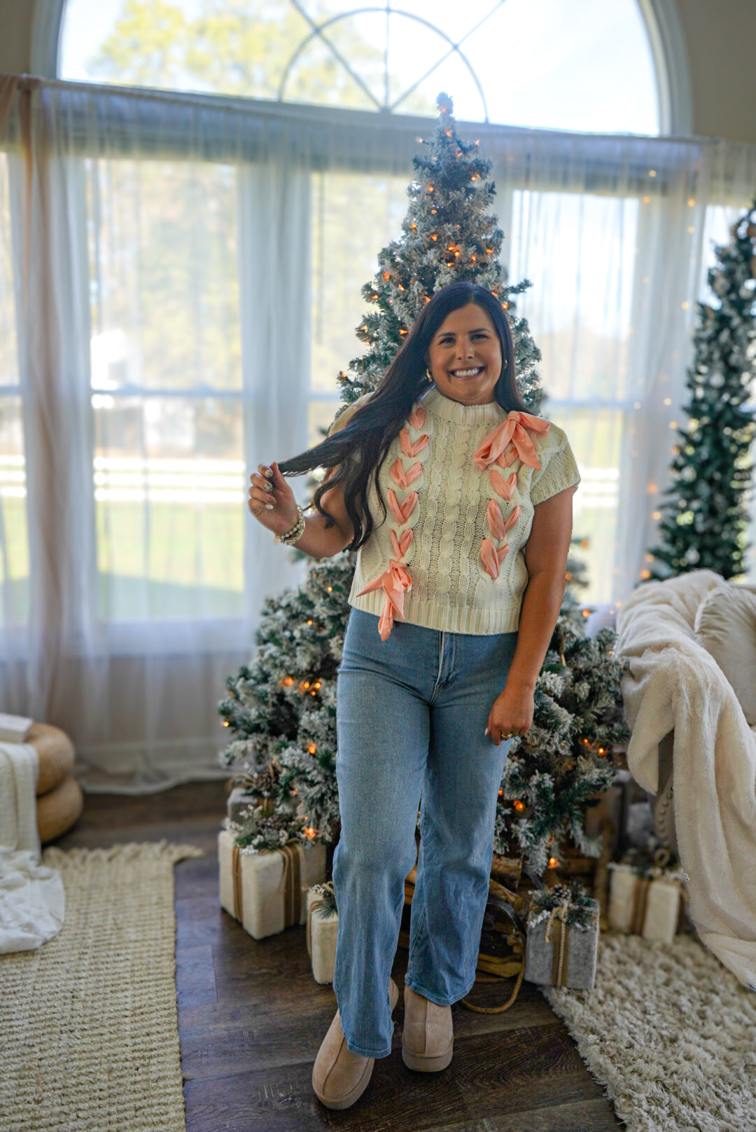 Satin Bow Cable Knit Sweater Vest - Off White/Pink 🩷1 med & 1 large