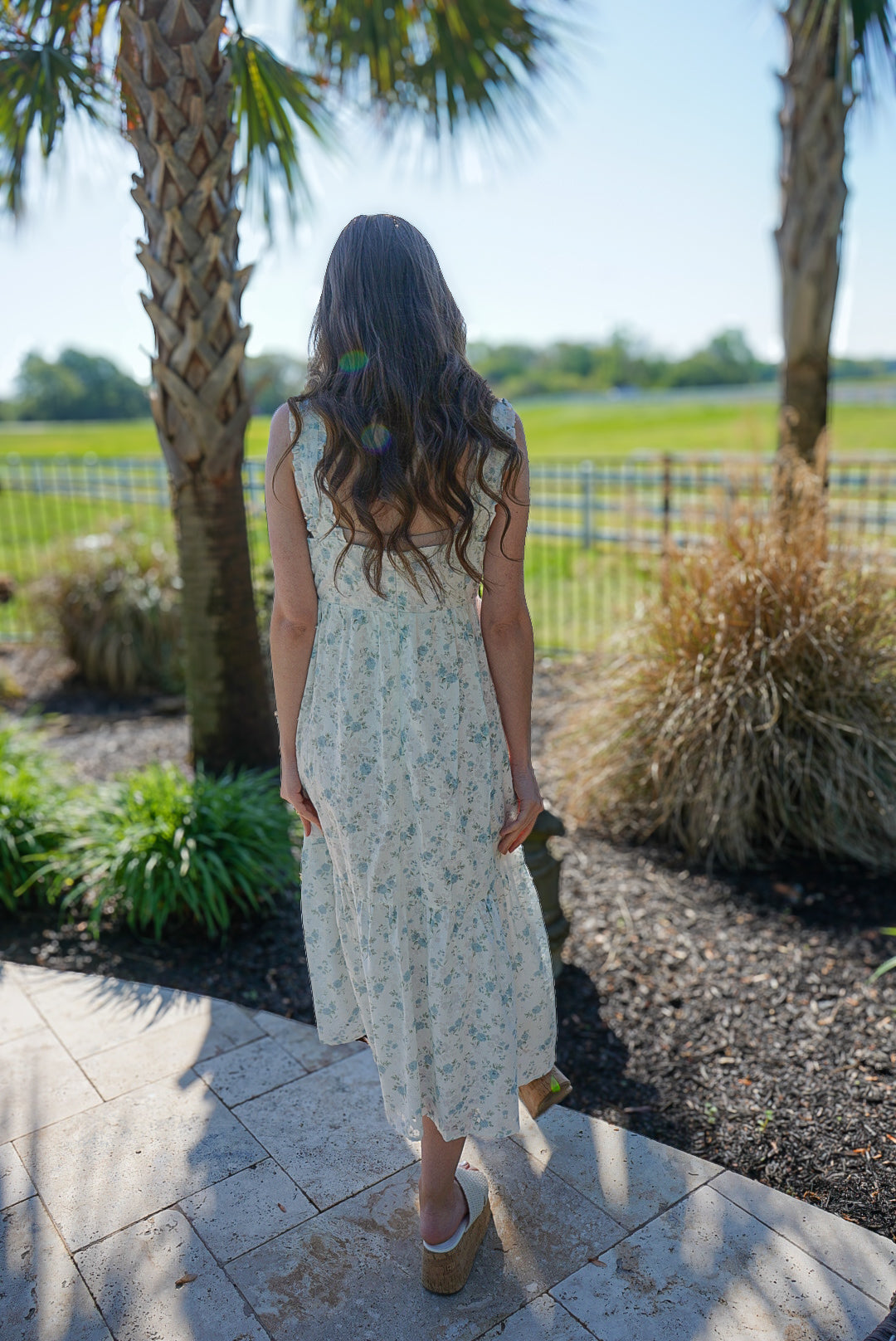 Front Porch Petals Midi Dress - White/Blue Floral