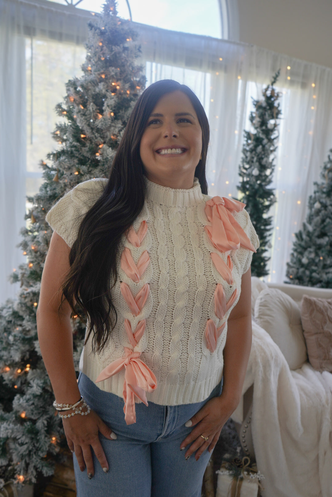 Satin Bow Cable Knit Sweater Vest - Off White/Pink 🩷1 med & 1 large