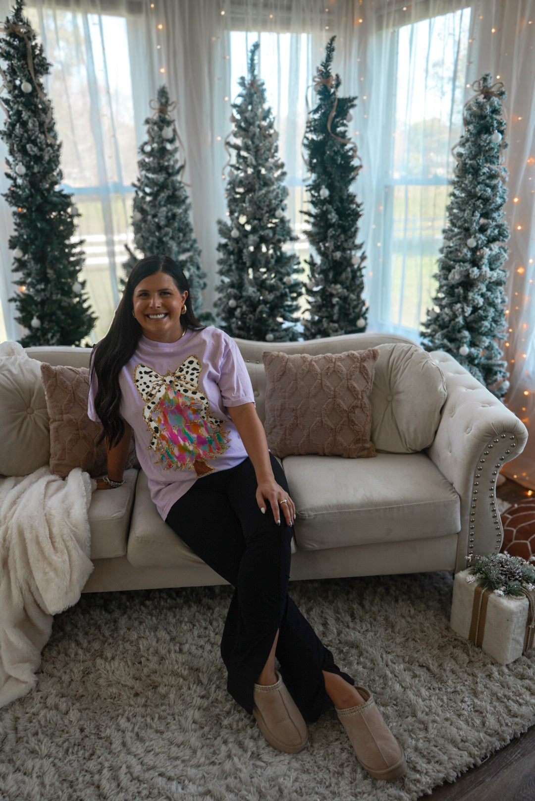 Colorful Coquette Bow Christmas Tree Tee - Orchid