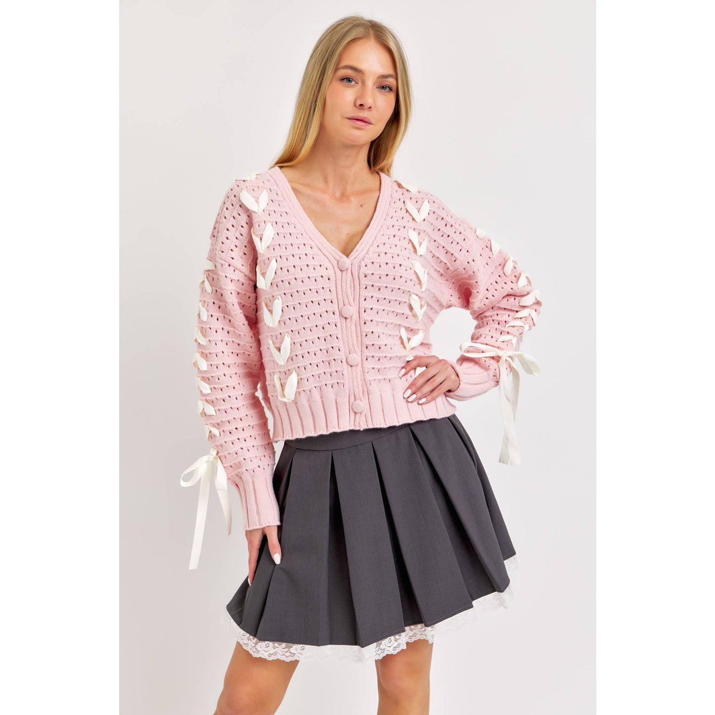 Pink/White Satin Ribbon Knit Cardigan Sweater 🩷 1 small