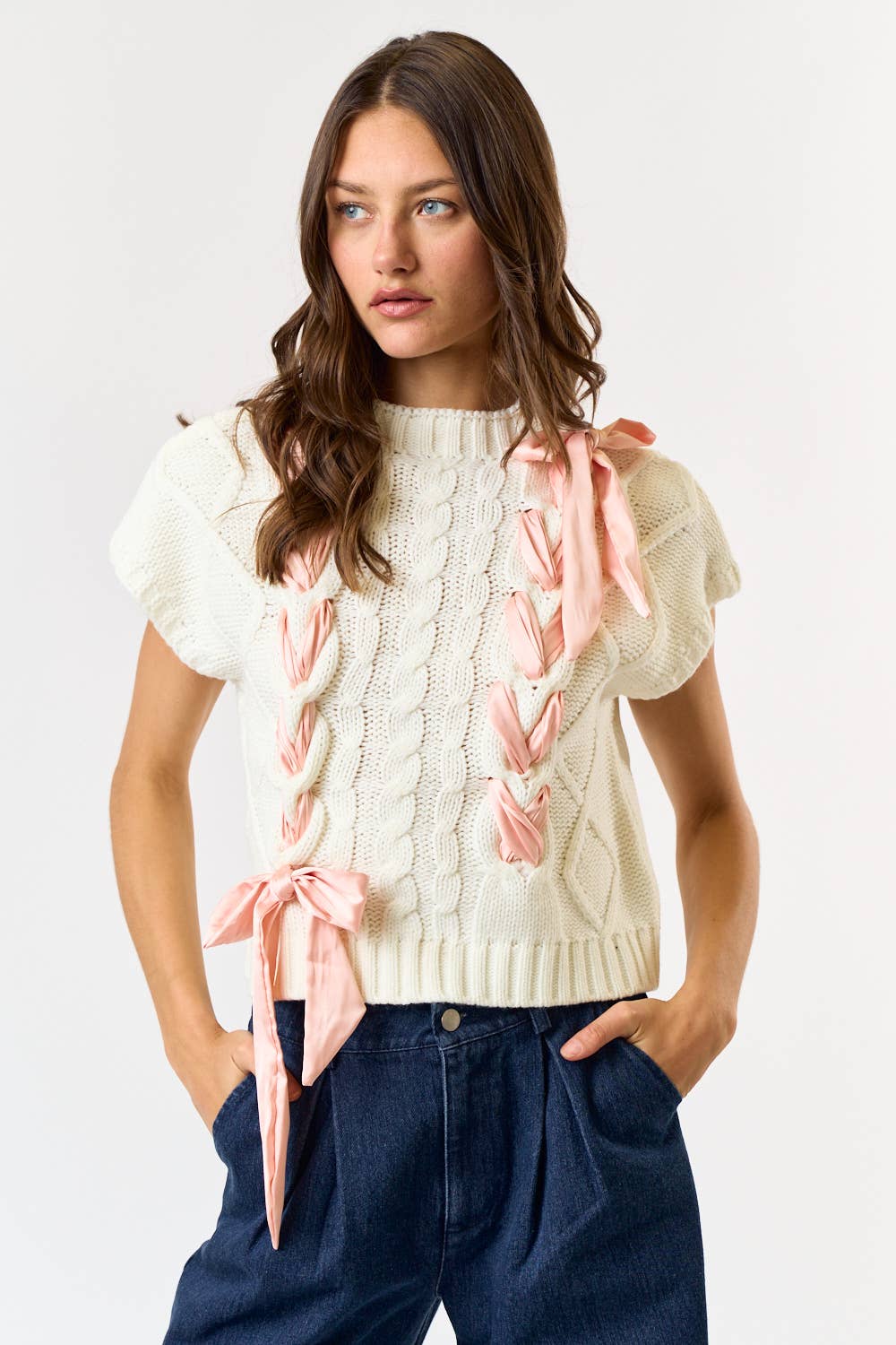Satin Bow Cable Knit Sweater Vest - Off White/Pink 🩷1 med & 1 large
