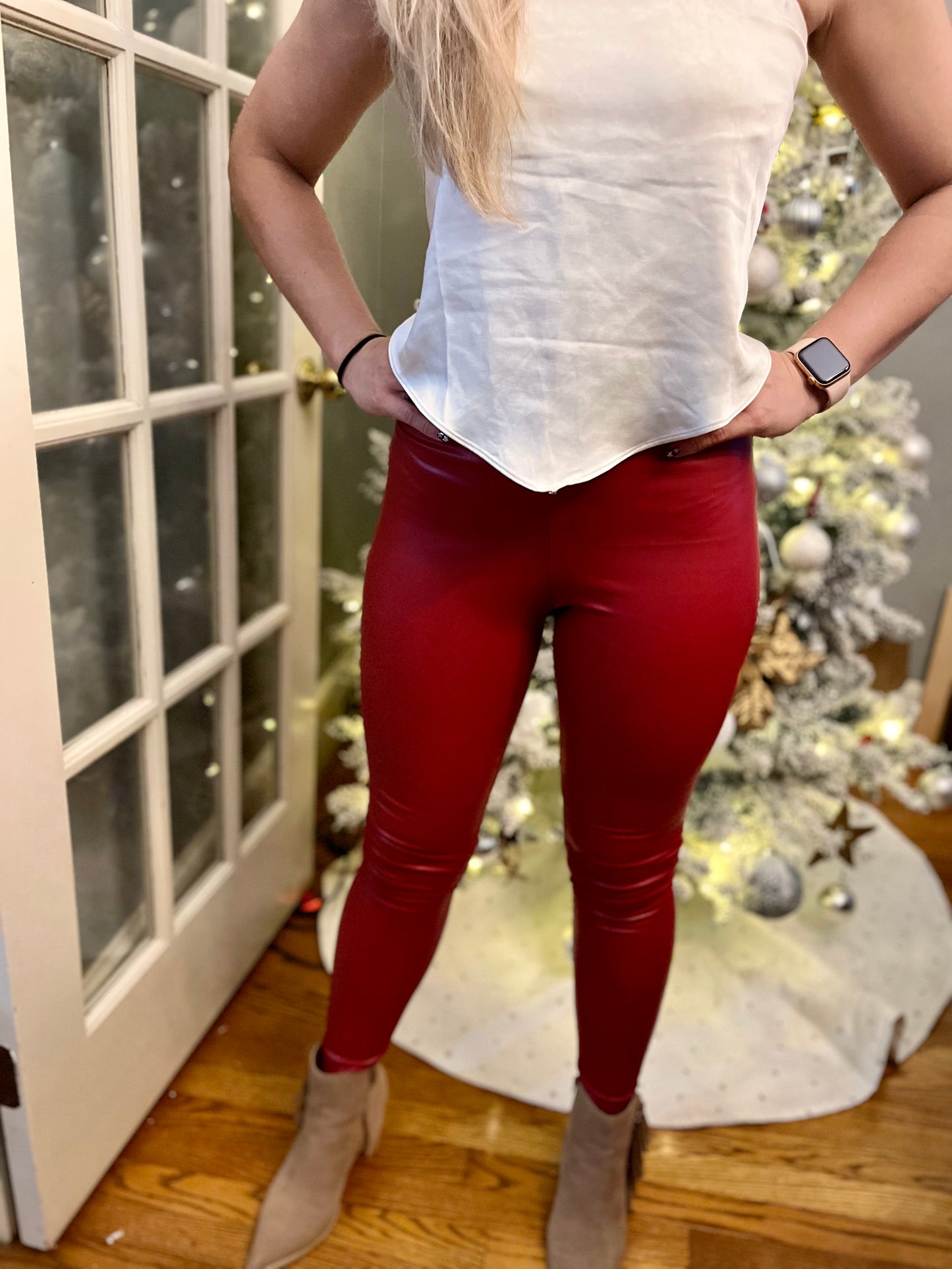 Red Faux Leather Skinny Leggings