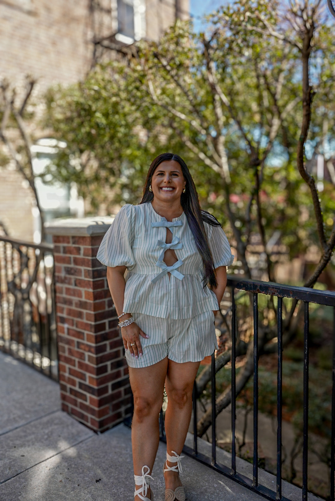 Sage Bow Striped Shorts Set