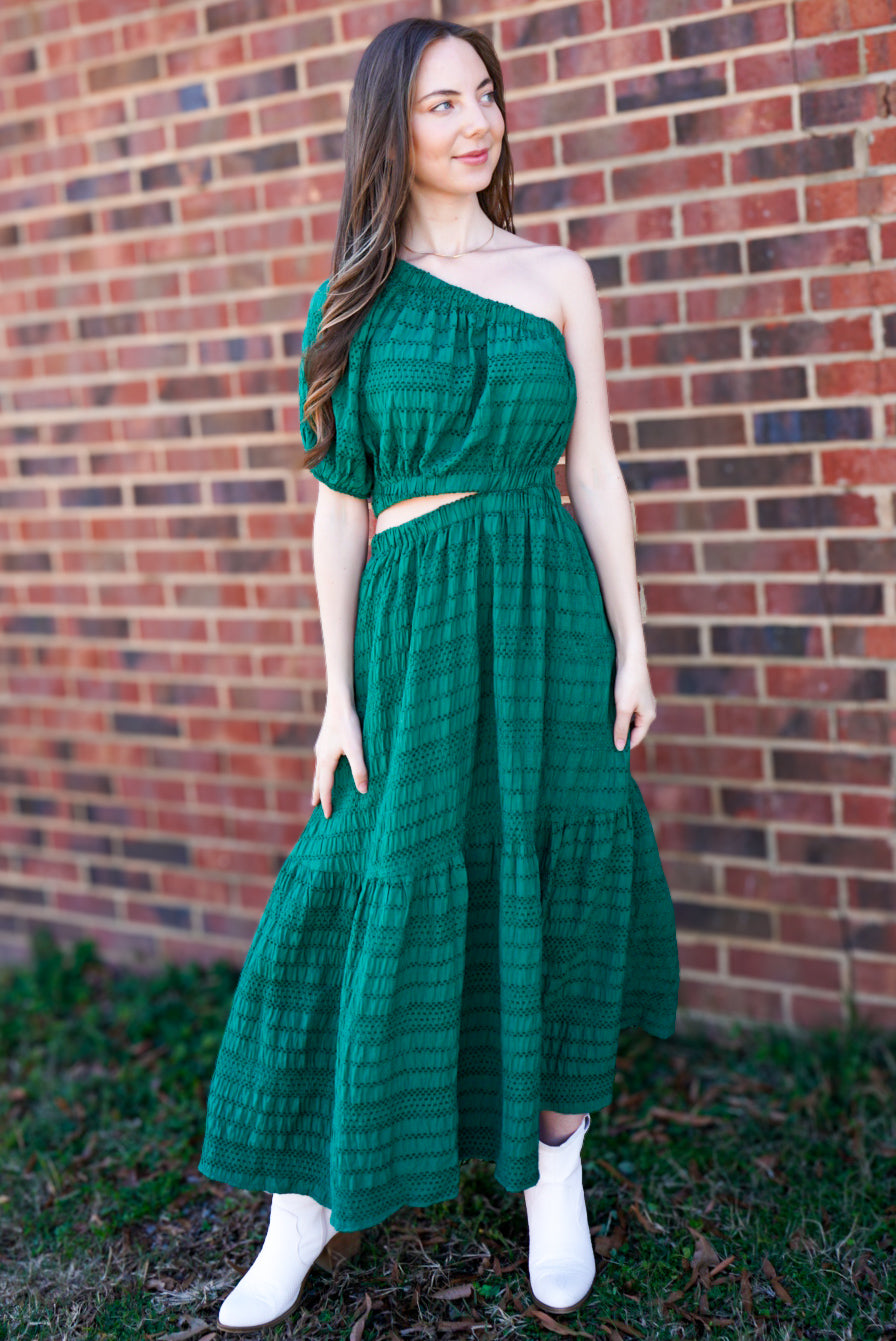 Morning Glory One Shoulder Hunter Green Dress