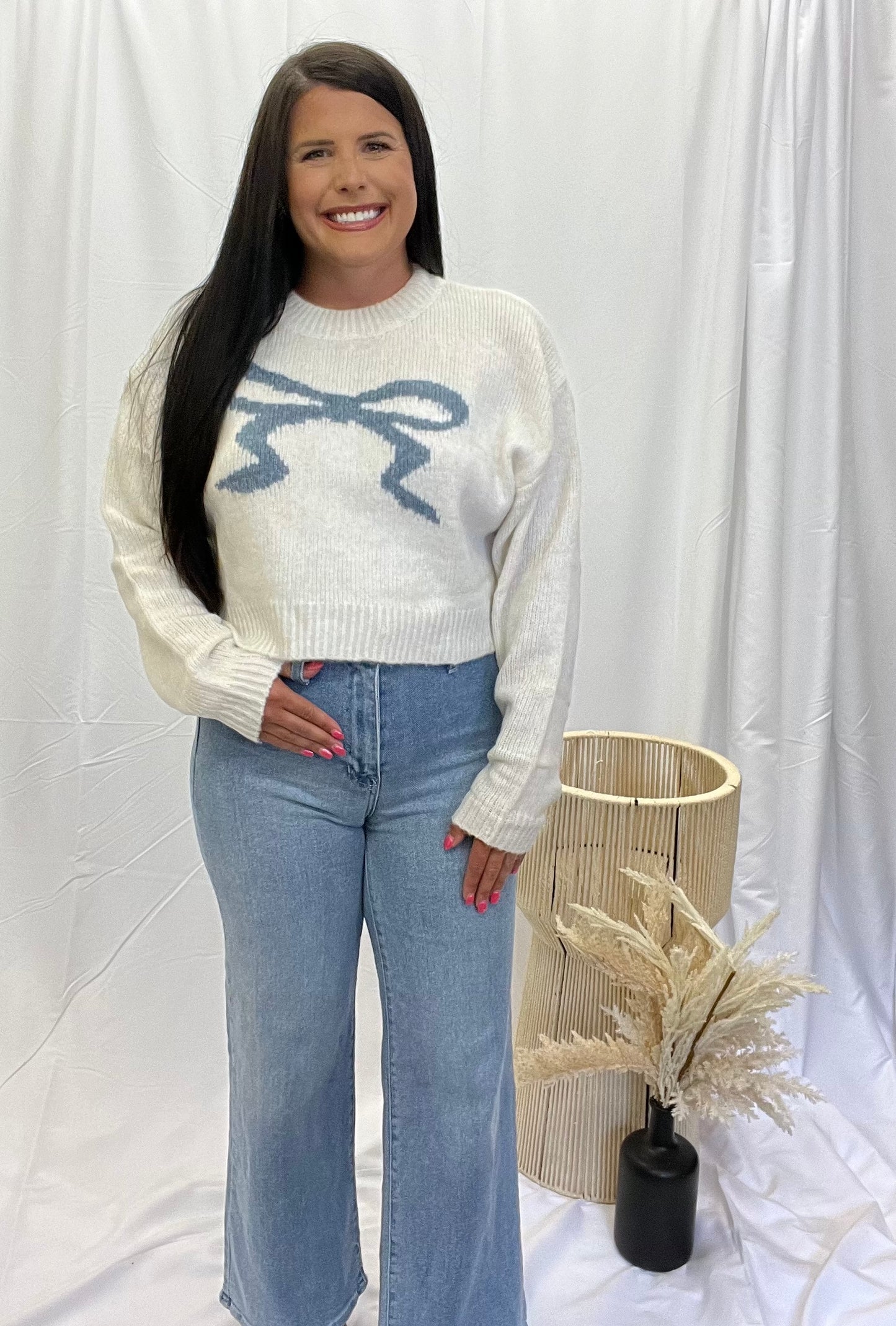 Cozy Coquette Sweater - Cream/Blue