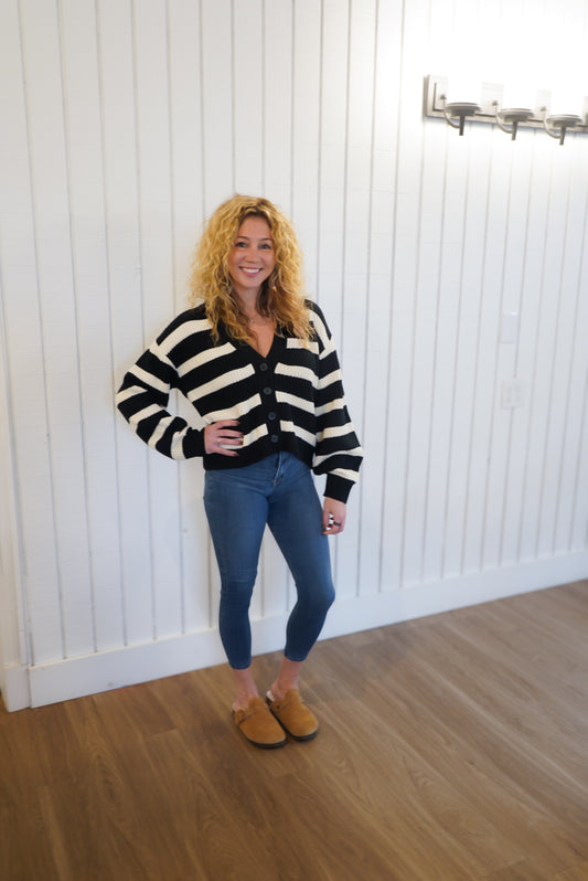 Striped Sweater Cardigan - Black/White