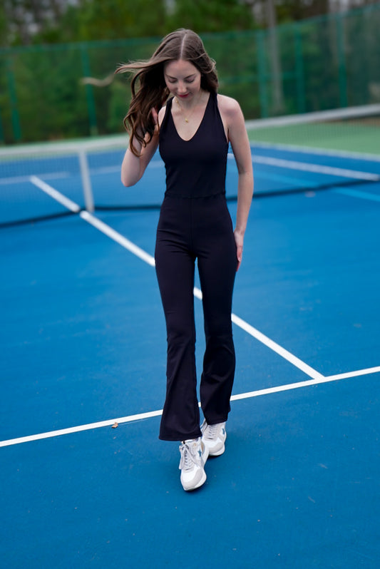 Black Cross Knot Back Active Jumpsuit