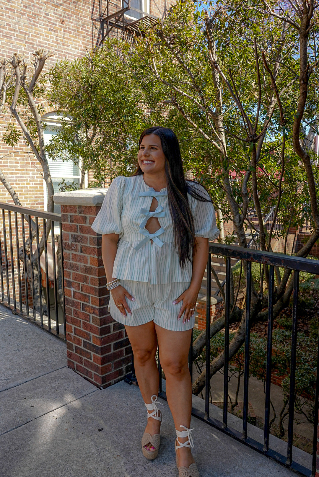 Sage Bow Striped Shorts Set