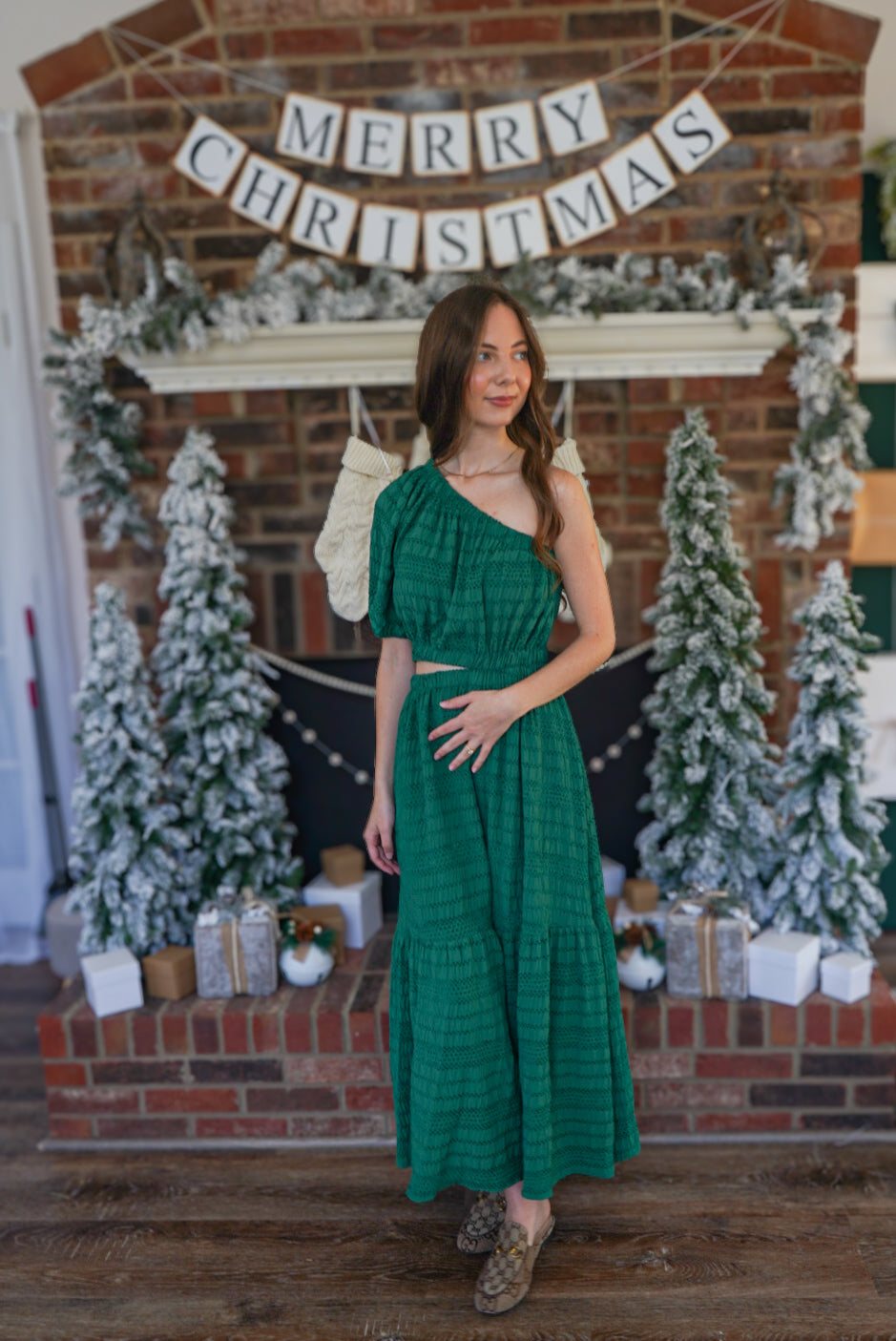 Morning Glory One Shoulder Hunter Green Dress