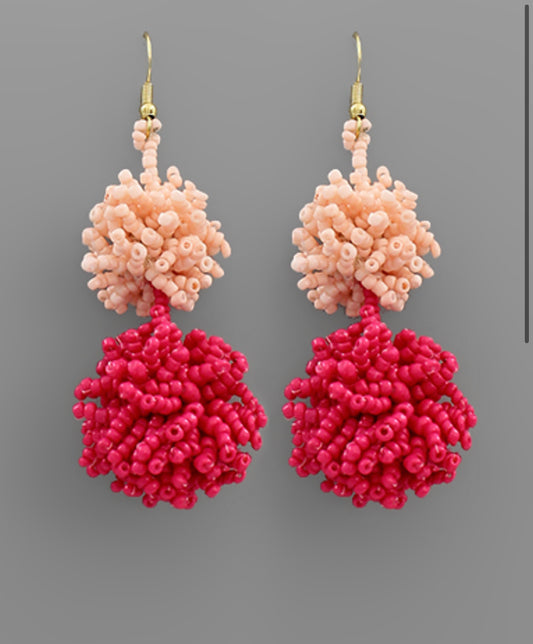 Two Tone Delight Pompom Earrings - Fuchsia