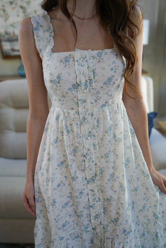 Front Porch Petals Midi Dress - White/Blue Floral