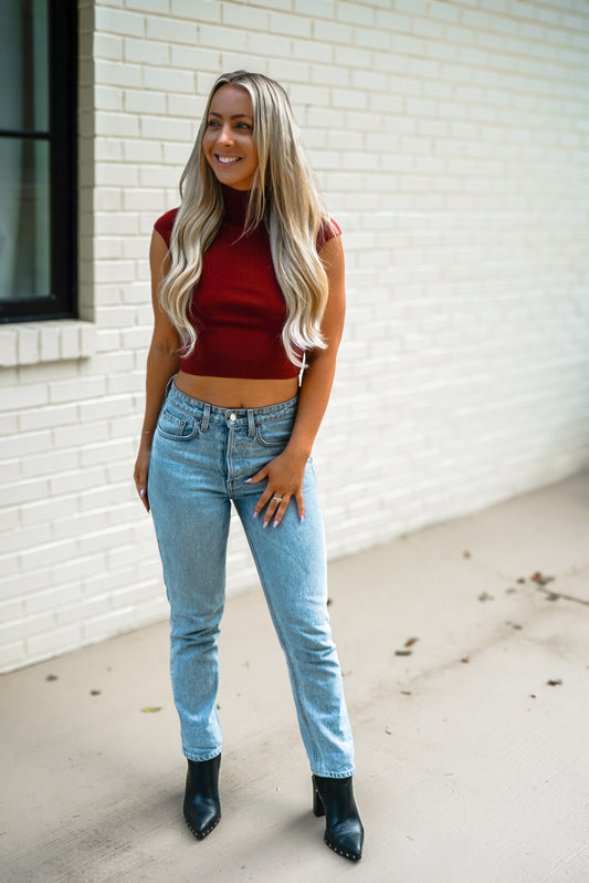 Burgundy High Neck Sweater Top