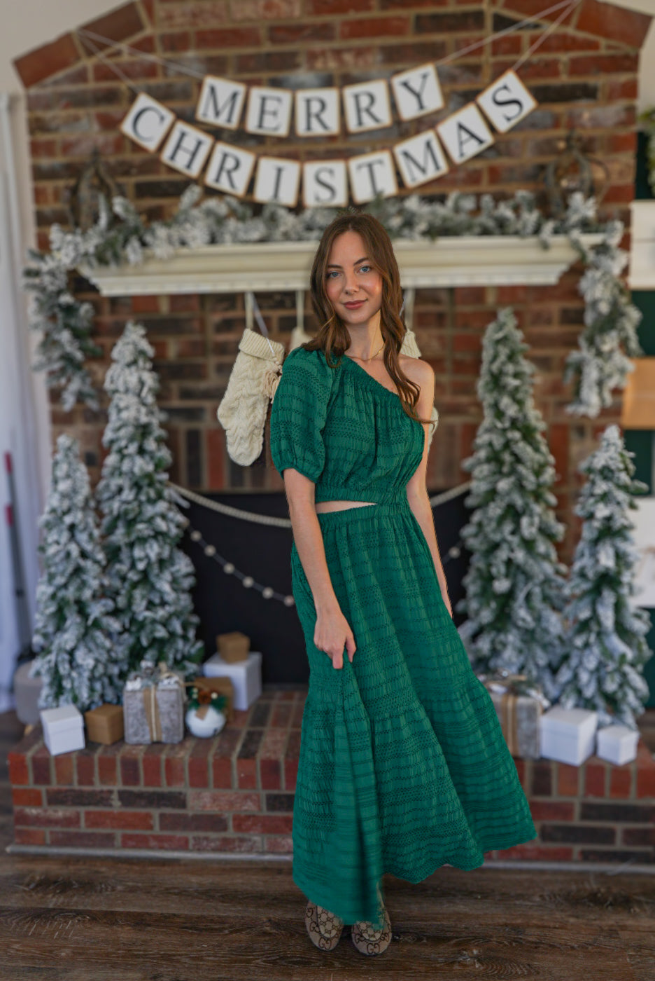 Morning Glory One Shoulder Hunter Green Dress