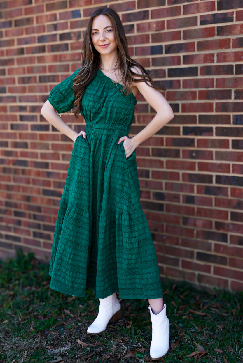 Morning Glory One Shoulder Hunter Green Dress