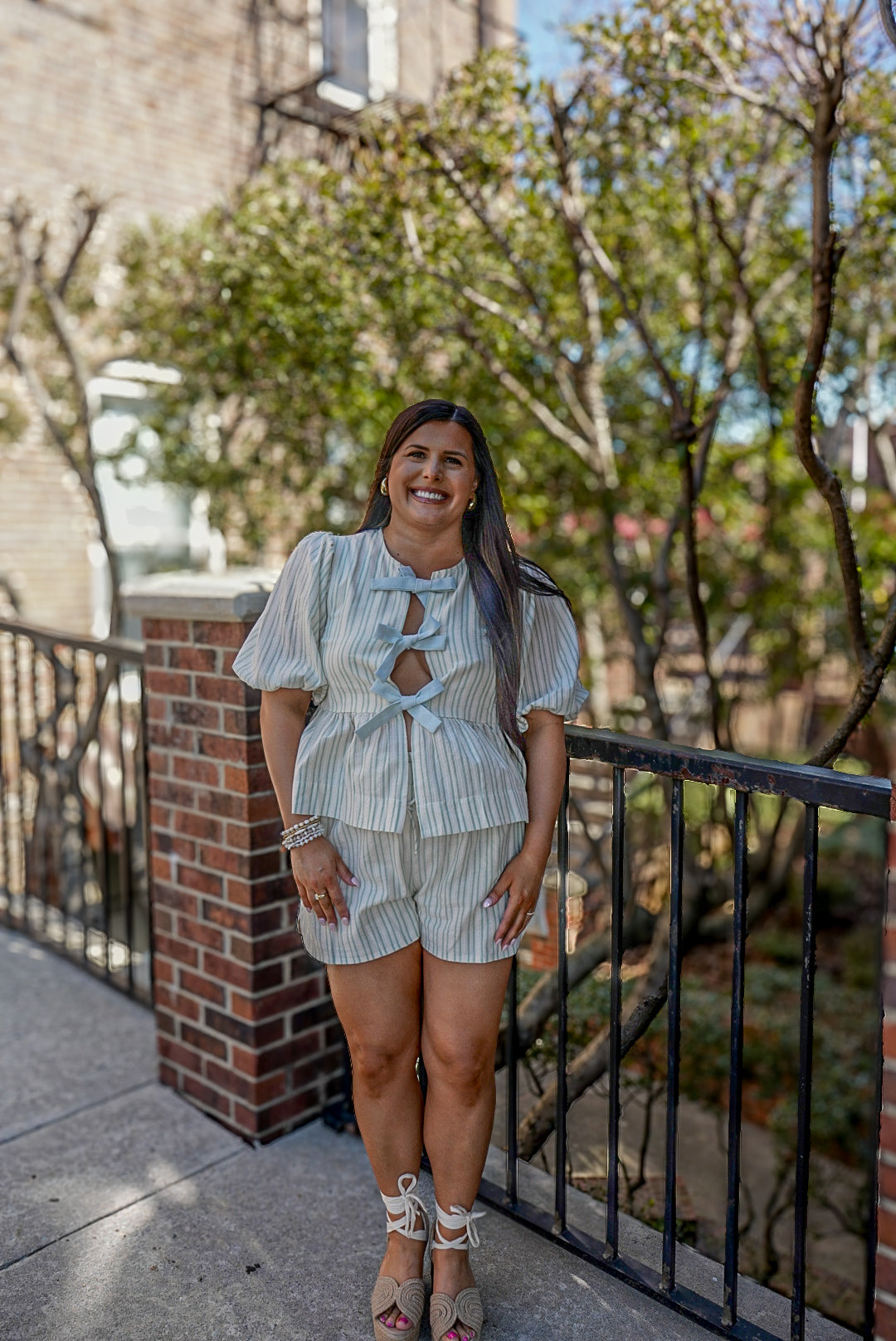 Sage Bow Striped Shorts Set