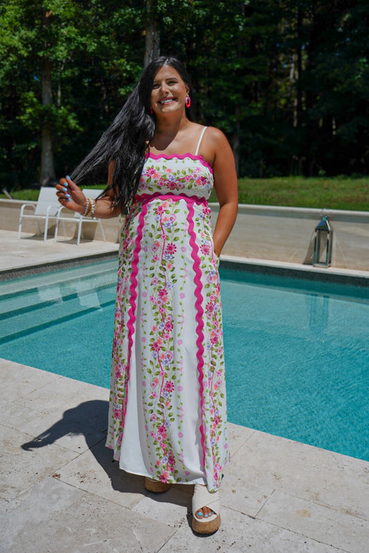 Floral Print Ric Rac Trim Maxi Dress