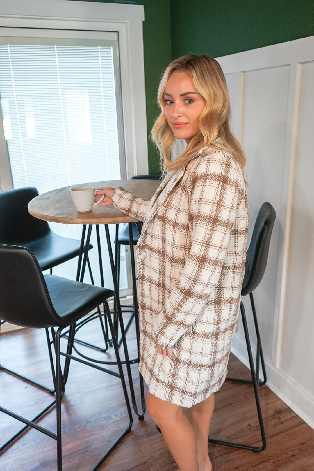 Classically Chic Ivory Mocha Plaid Long Jacket