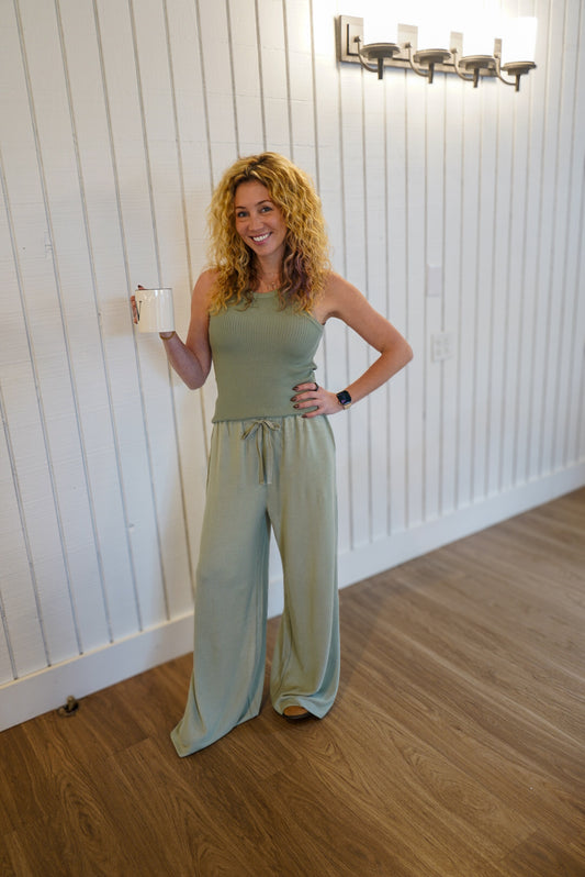 Relaxed Wide Leg Pants - Sage Green