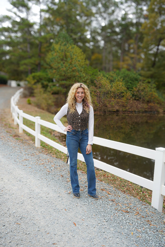 Leopard Denim Vest - Brown