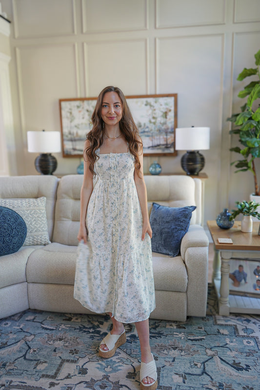 Front Porch Petals Midi Dress - White/Blue Floral