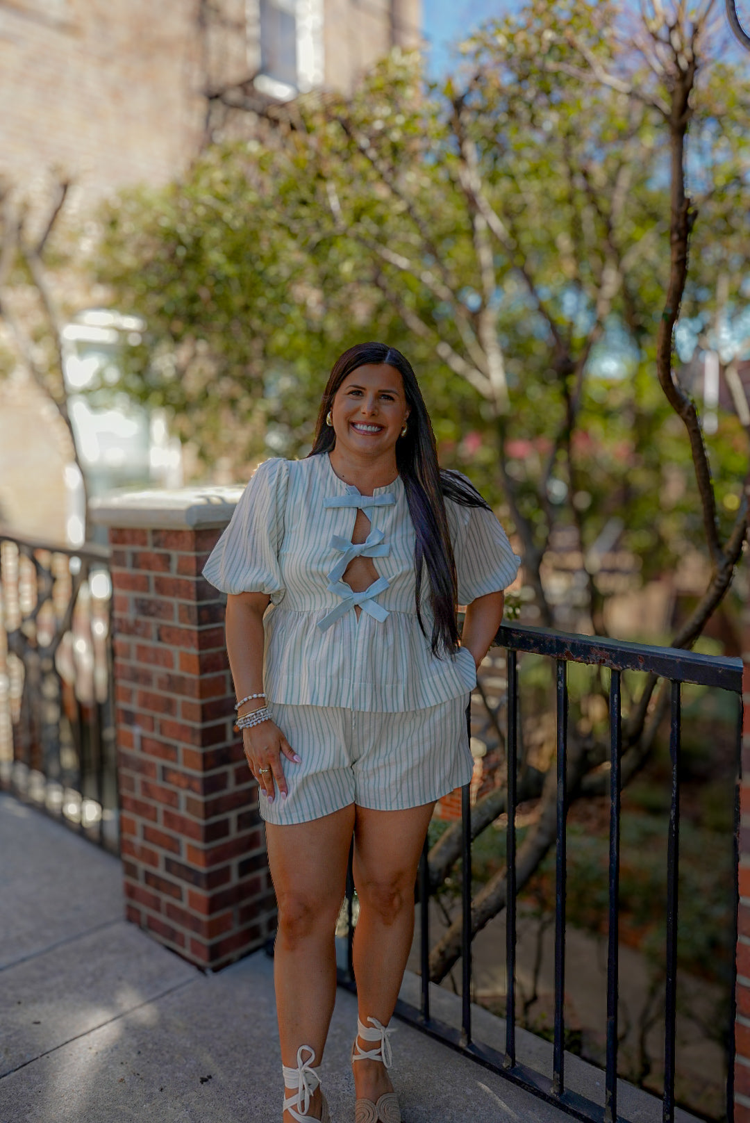 Sage Bow Striped Shorts Set