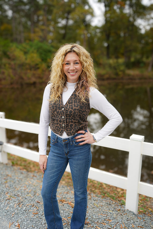 Leopard Denim Vest - Brown