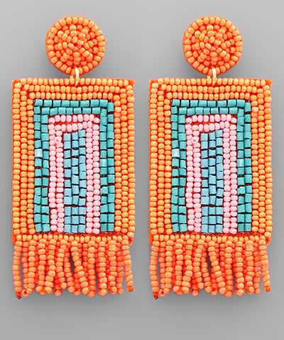 Orange Beaded Square & Tassel Earrings