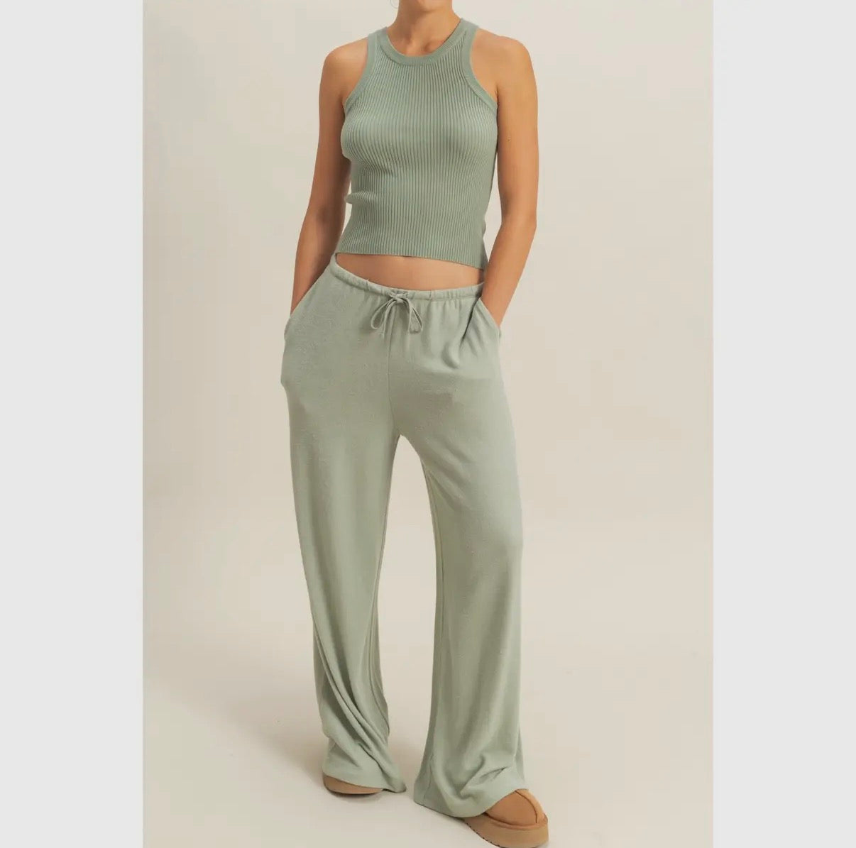 Relaxed Wide Leg Pants - Sage Green