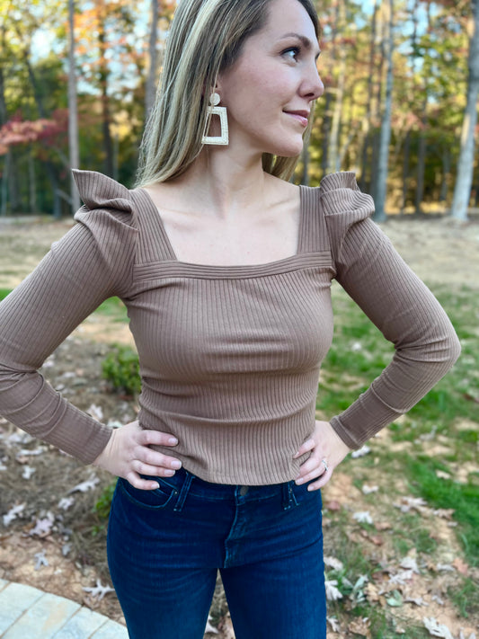 Sweet Like Honey Mocha Puff Sleeve Rib Topπ€ 1 small