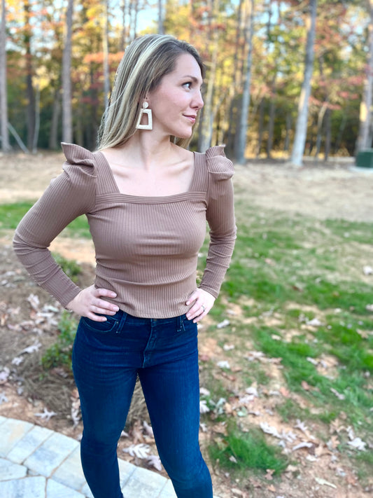 Sweet Like Honey Mocha Puff Sleeve Rib Top