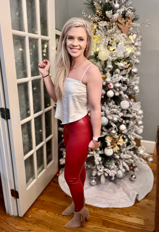 Red Faux Leather Skinny Leggings